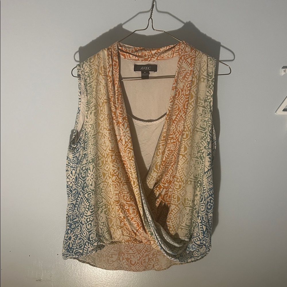 90's AVEC Colorful Rust Beige Green Teal Cowl Drape Neckline Women's Size M